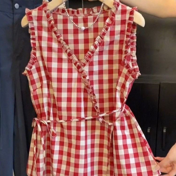 Corset Waist Cinch - Rompi Tanpa Lengan Kotak-kotak Merah Retro