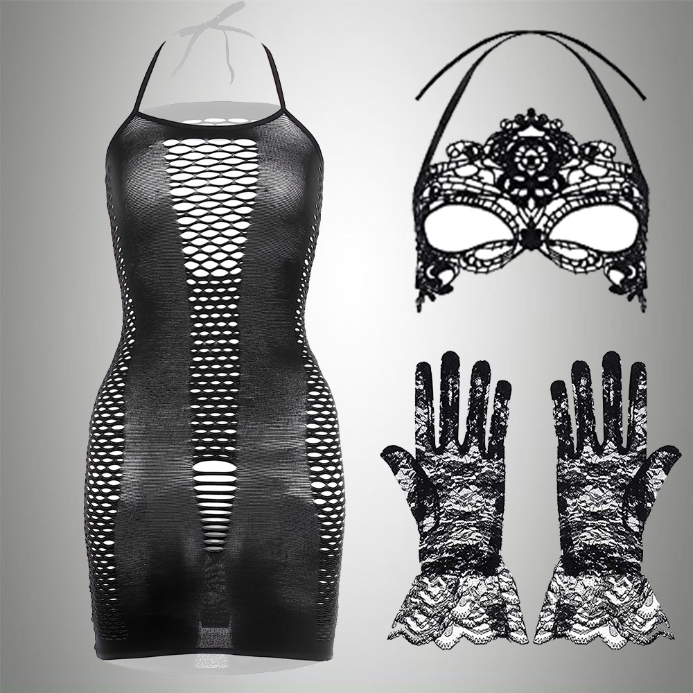 3 IN 1 Set Gaun Eksotis + Saru - Bodystocking Fishnet ulasan dan harga