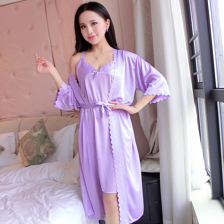 2 Buah/Set Pakaian Tidur Wanit - Robe Silk Women ulasan dan harga
