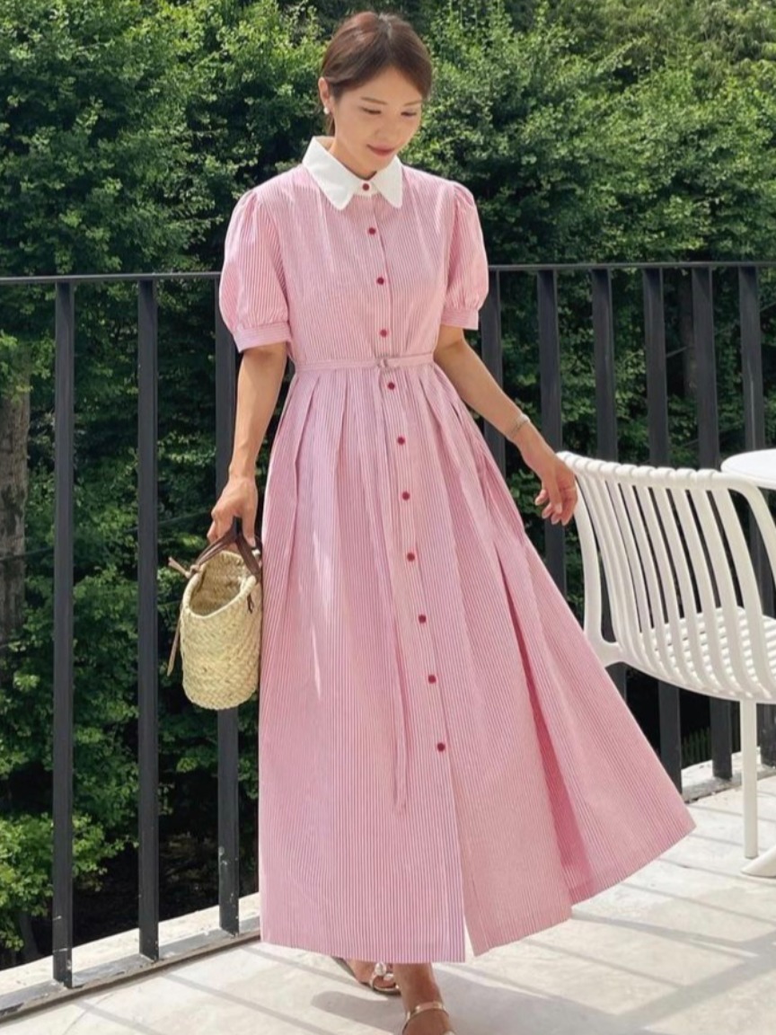 Gaun Retro Bergaris Elegan den - Corset Waist Cinch ulasan dan harga