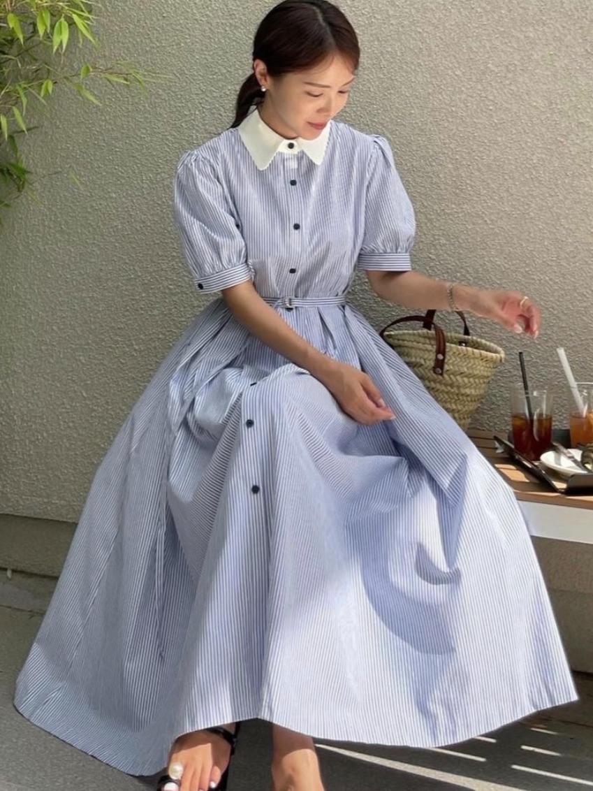 Gaun Retro Bergaris Elegan den - Corset Waist Cinch ulasan dan harga